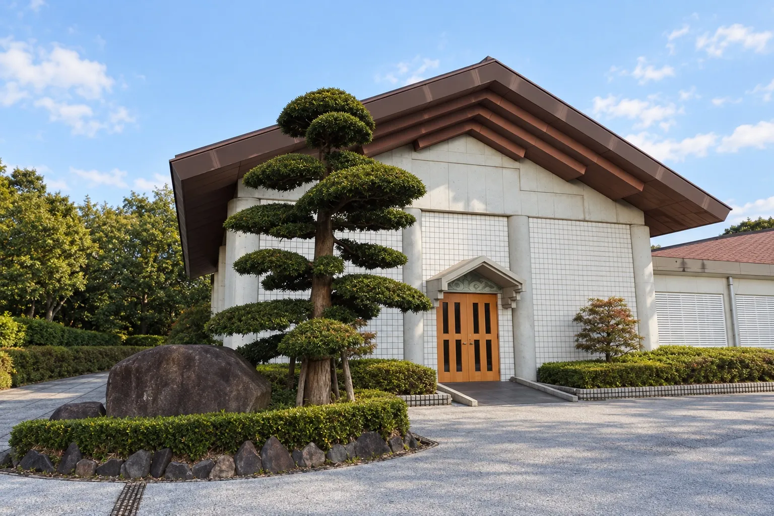 藤沢市斎場の外観。大きな切妻屋根と、手前の松の木（イメージ）