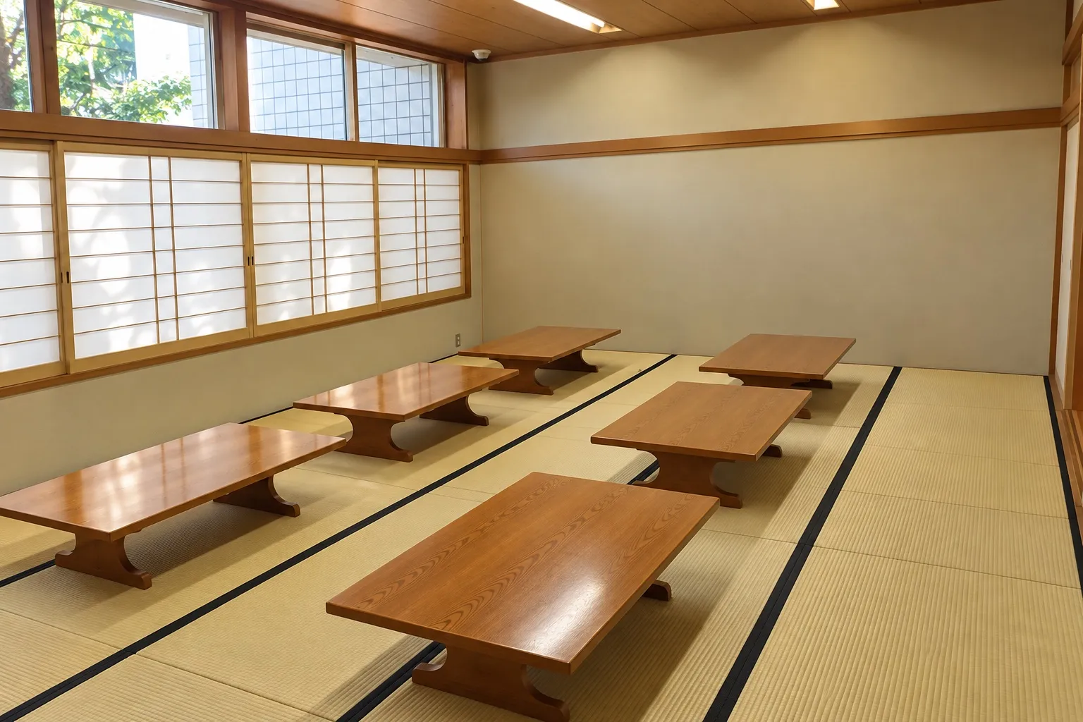 藤沢市斎場の和室の控室。畳の上に木の座卓が並び、障子窓から光が入る（イメージ）